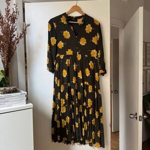 Madewell Yellow and Black Ruffled Tiered Midi Dress